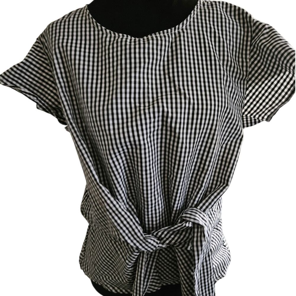 Kontrol Black White Gingham Check Tie Front Flutter Sleeve Blouse Top Size Large